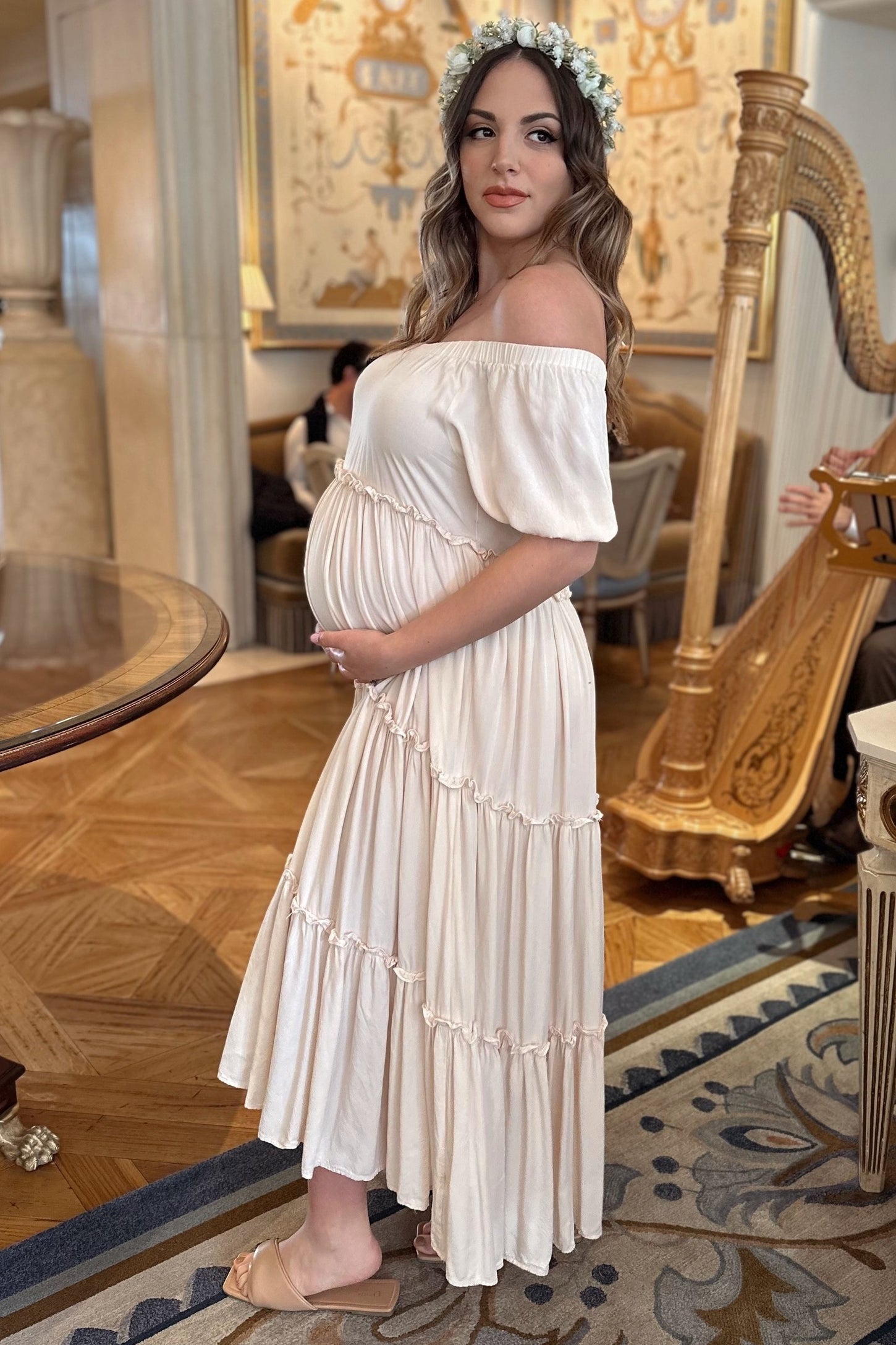 PinkBlush Cream Off Shoulder Ruffle Tiered Maternity Maxi Dress Small PinkBlush Cream Off Shoulder Ruffle Tiered Maternity Maxi Dress Small