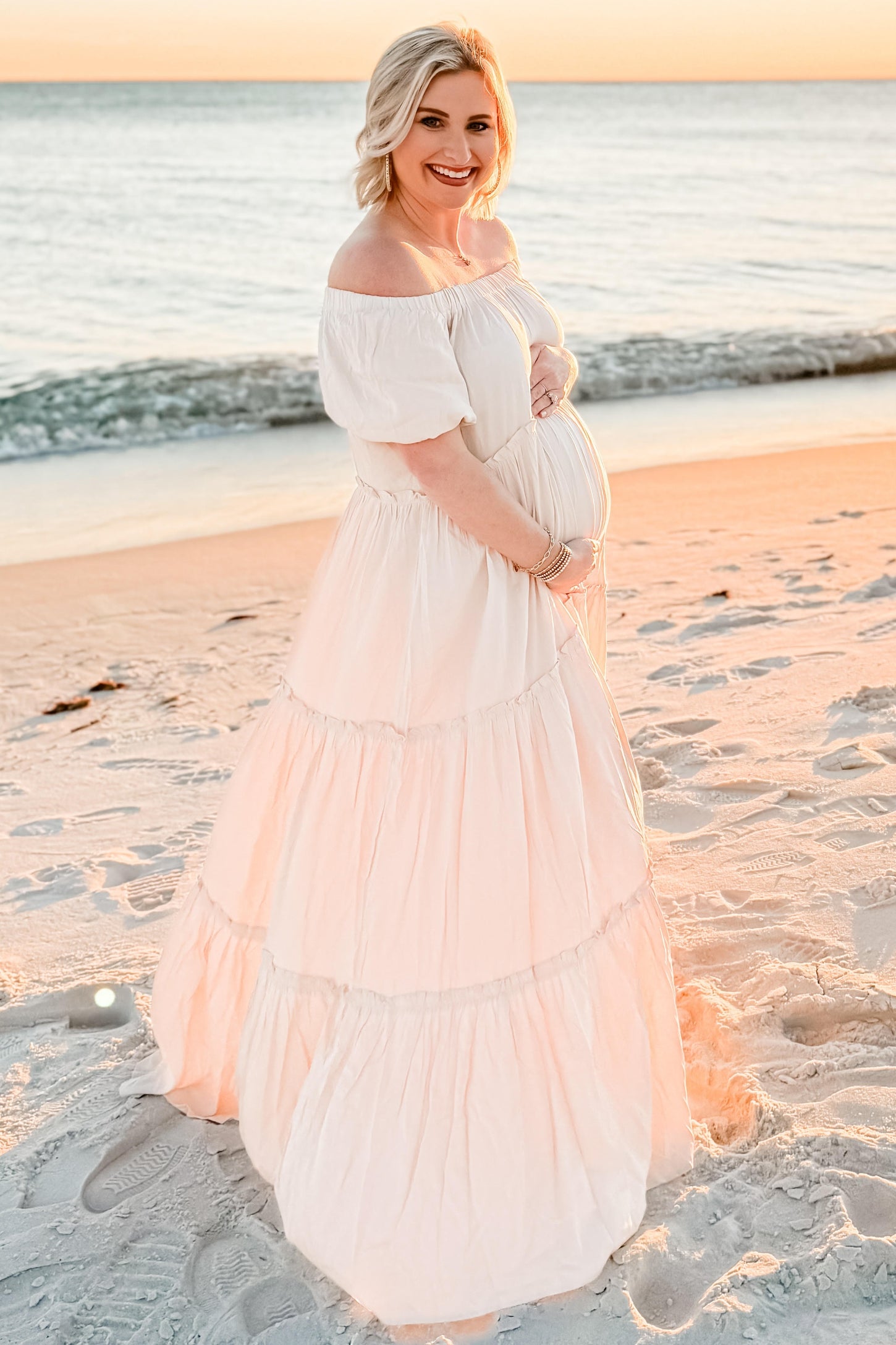 Pinkblush Cream Off Shoulder Ruffle Tiered Maternity Maxi Dress Small Pinkblush Cream Off Shoulder Ruffle Tiered Maternity Maxi Dress Small