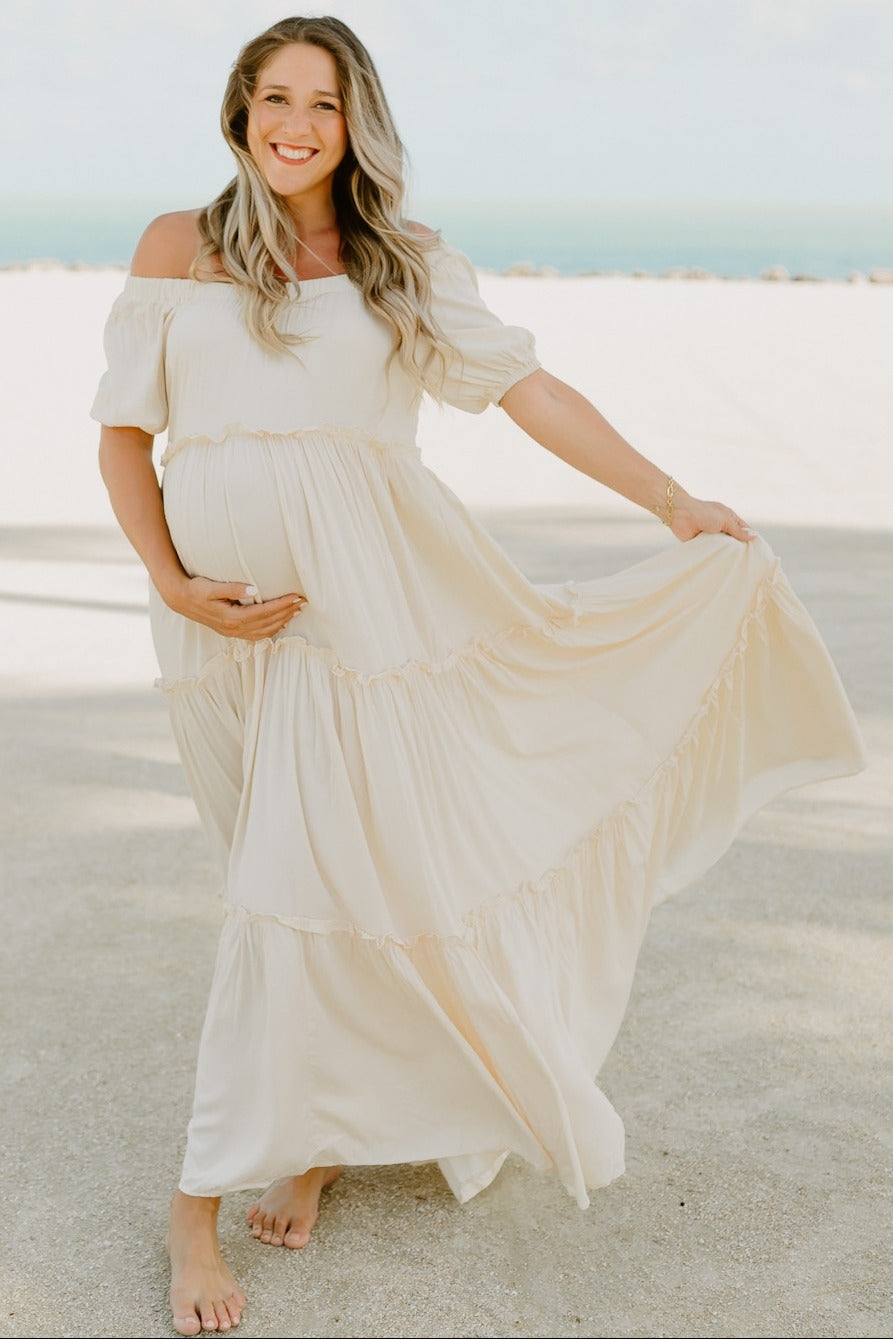 Pinkblush Cream Off Shoulder Ruffle Tiered Maternity Maxi Dress Small Pinkblush Cream Off Shoulder Ruffle Tiered Maternity Maxi Dress Small