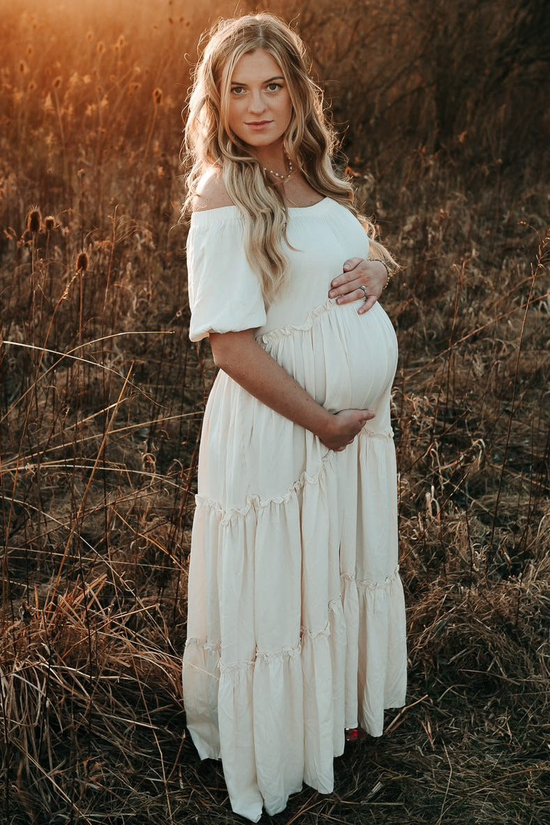 Pinkblush Cream Off Shoulder Ruffle Tiered Maternity Maxi Dress Small Pinkblush Cream Off Shoulder Ruffle Tiered Maternity Maxi Dress Small