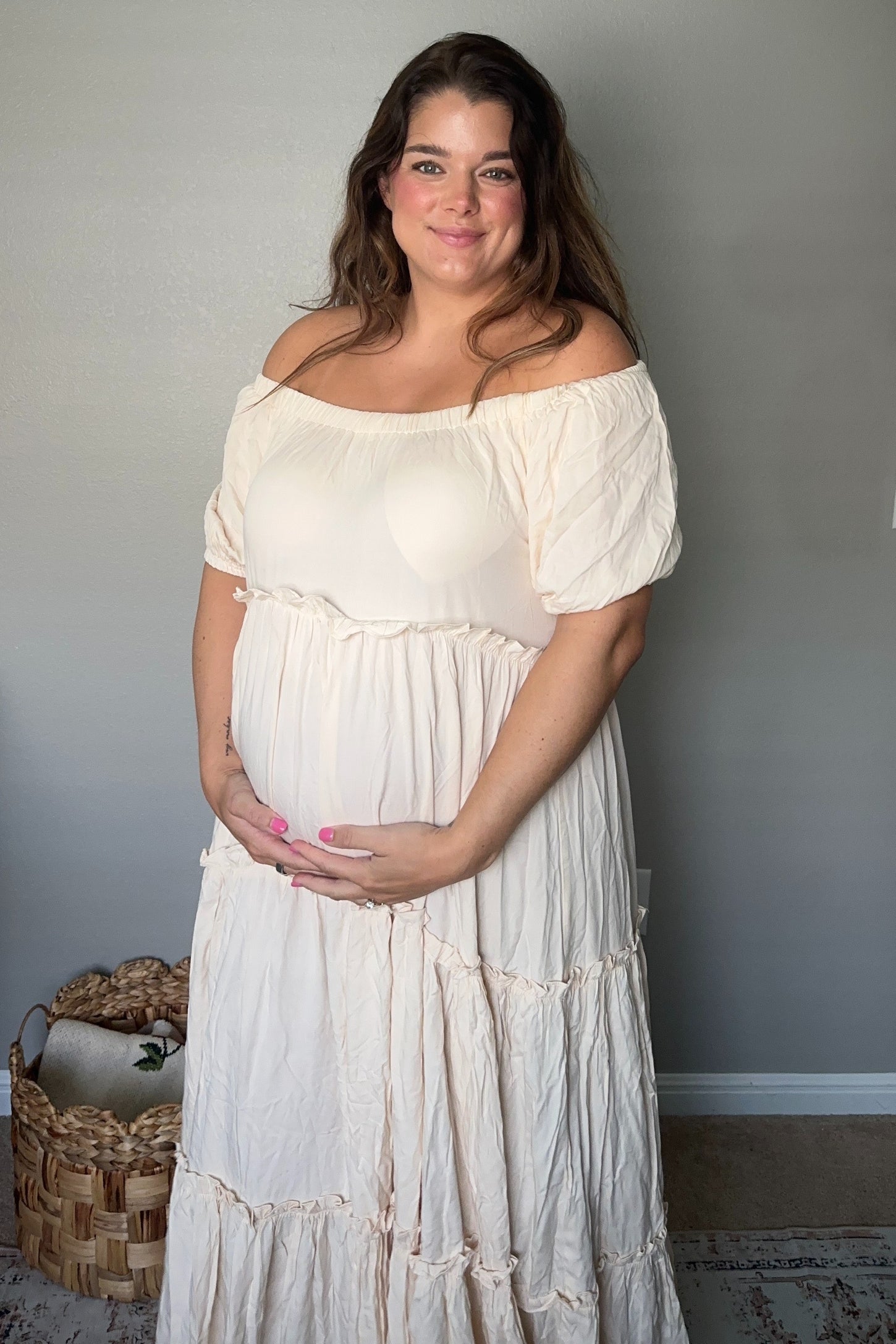 Cream Off Shoulder Ruffle Tiered Maternity Maxi Dress PinkBlush Cream Off Shoulder Ruffle Tiered Maternity Maxi Dress PinkBlush