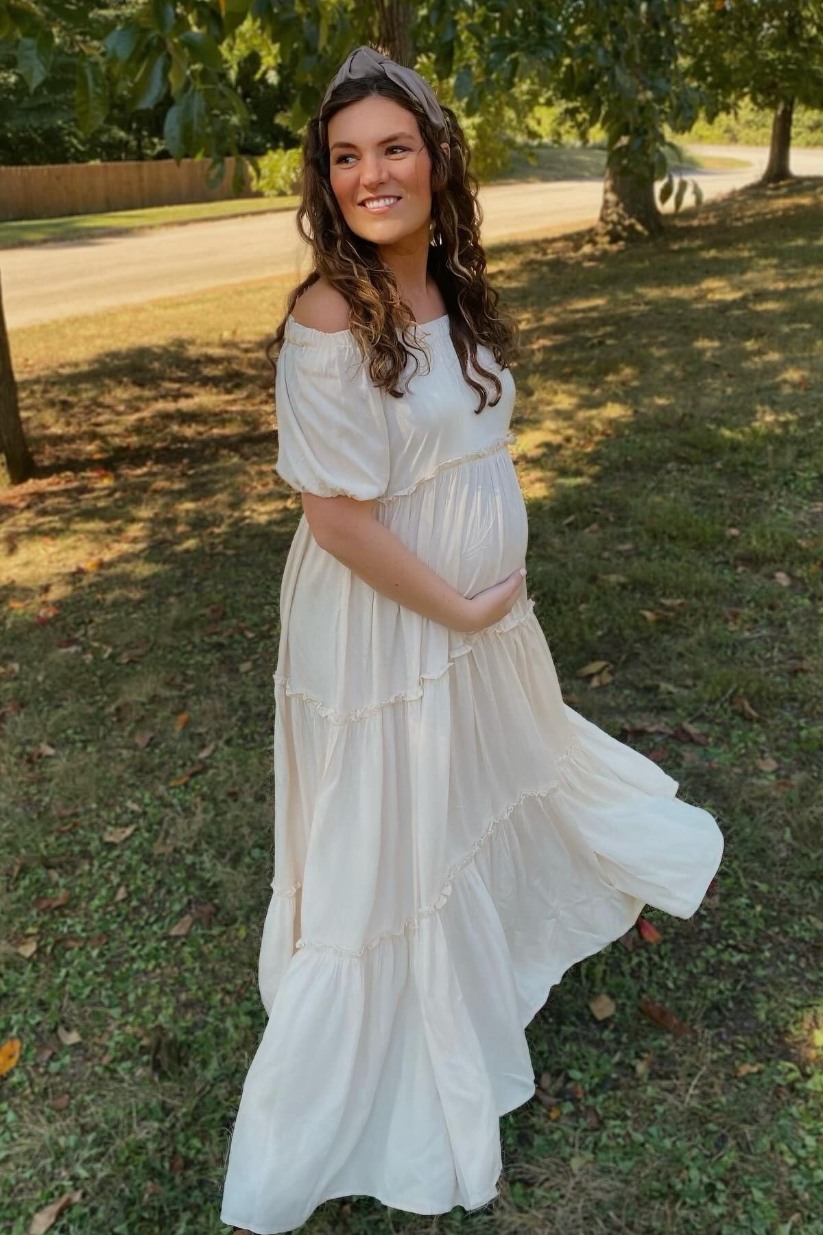 Pinkblush Cream Off Shoulder Ruffle Tiered Maternity Maxi Dress Small Pinkblush Cream Off Shoulder Ruffle Tiered Maternity Maxi Dress Small