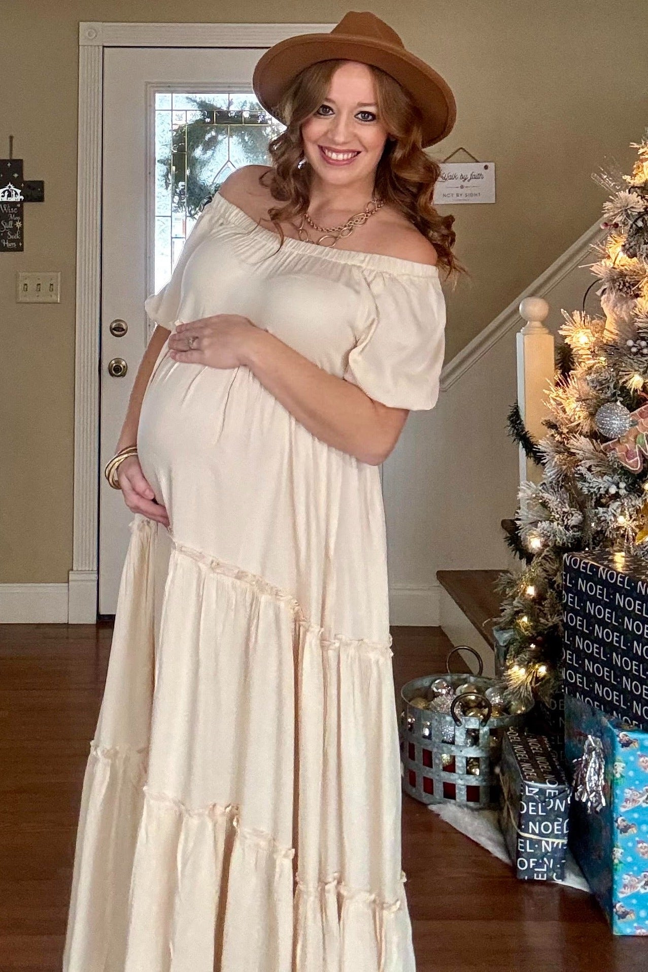 Cream Off Shoulder Ruffle Tiered Maternity Maxi Dress – PinkBlush