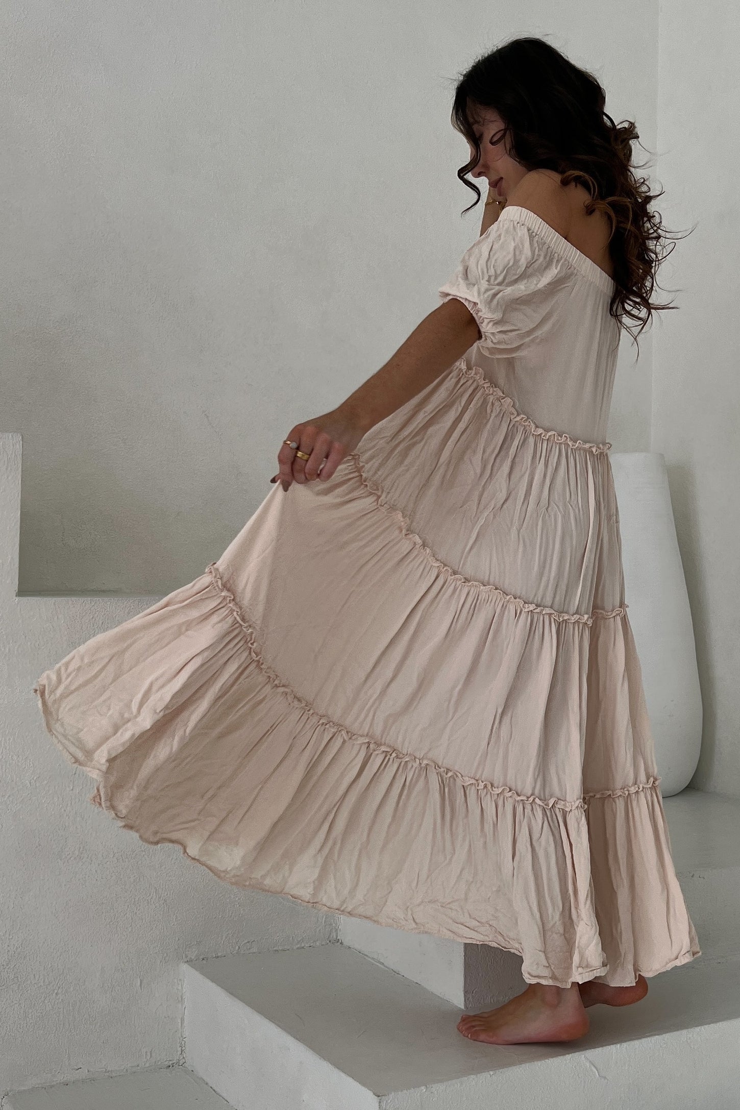 Cream Off Shoulder Ruffle Tiered Maxi Dress PinkBlush Cream Off Shoulder Ruffle Tiered Maxi Dress PinkBlush