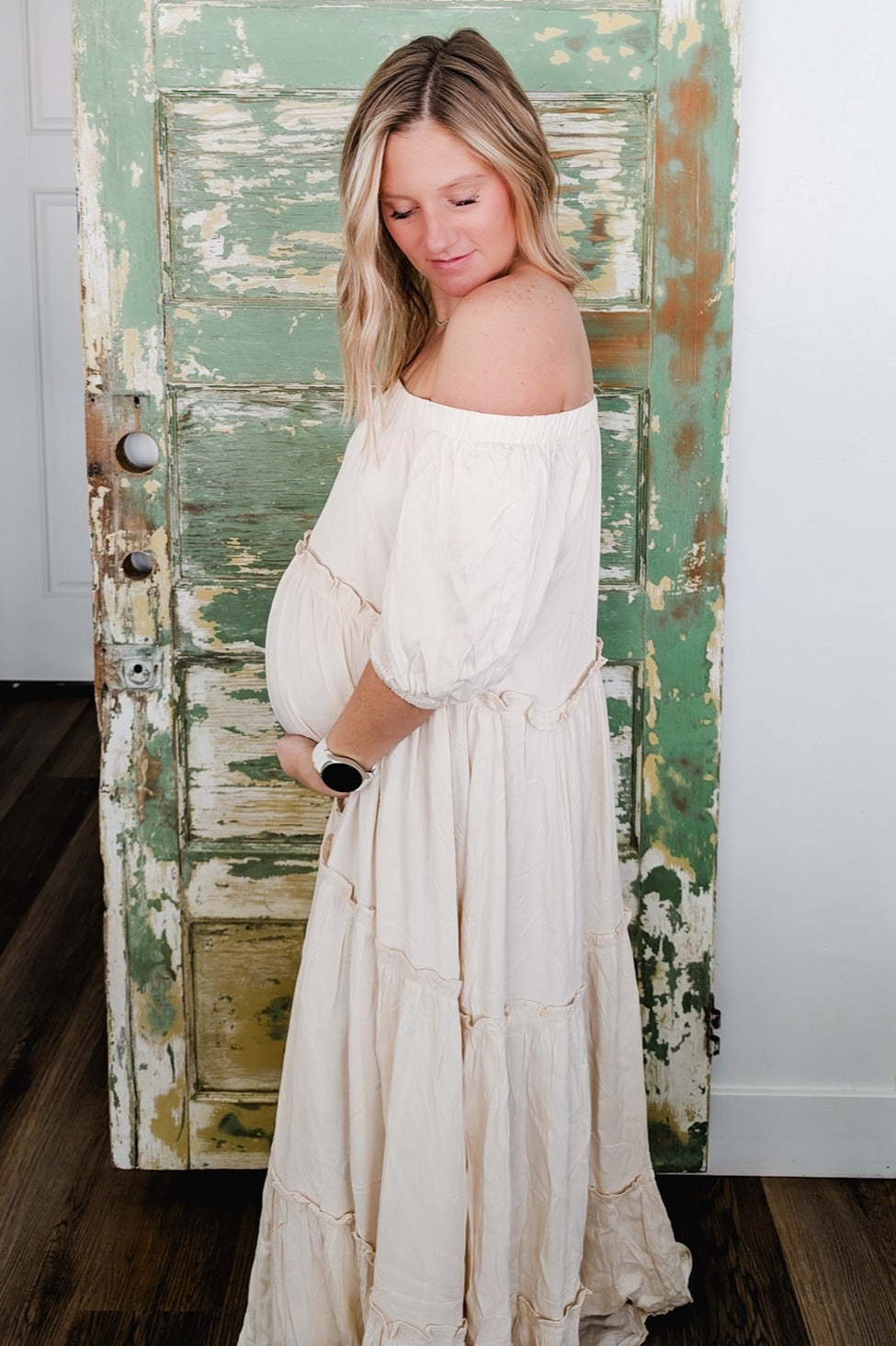 PinkBlush Cream Off Shoulder Ruffle Tiered Maternity Maxi Dress Small PinkBlush Cream Off Shoulder Ruffle Tiered Maternity Maxi Dress Small