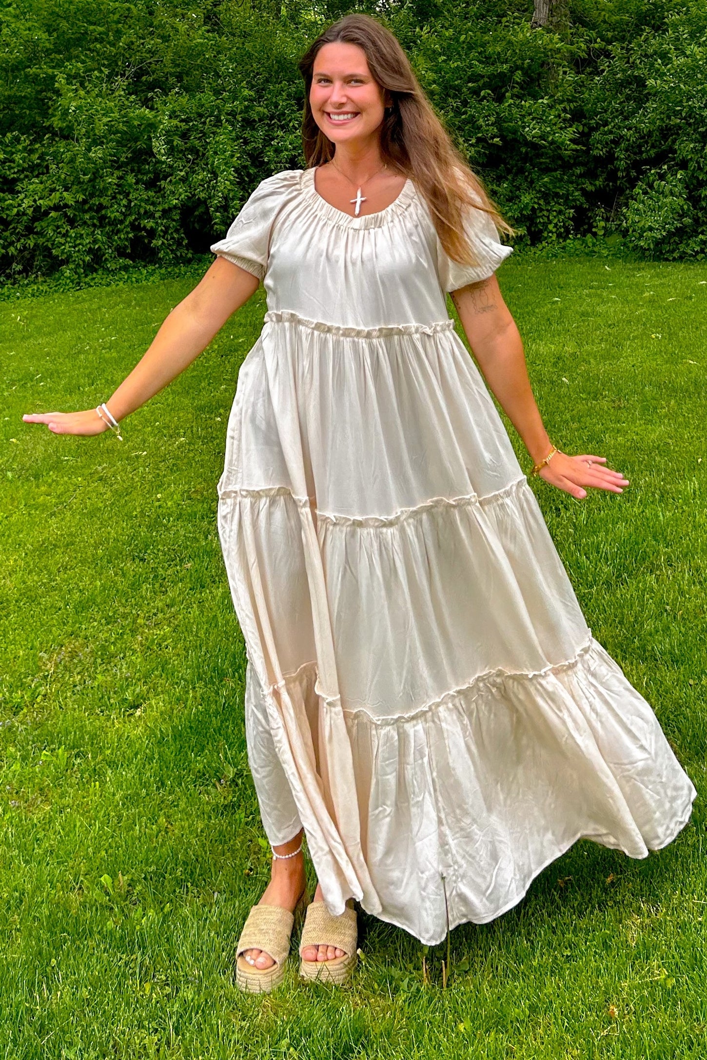 Pinkblush Cream Off Shoulder Ruffle Tiered Maternity Maxi Dress Small Pinkblush Cream Off Shoulder Ruffle Tiered Maternity Maxi Dress Small