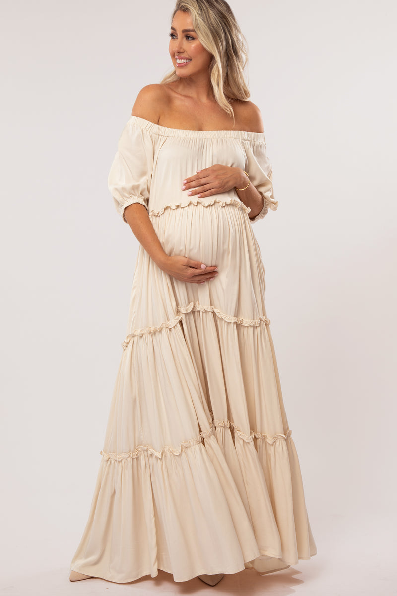 open lace back dress Black Off Shoulder Ruched Maternity Midi Dress