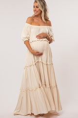 Cream Off Shoulder Ruffle Tiered Maternity Maxi Dress