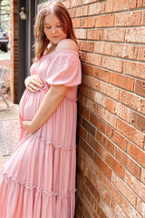 Mauve Off Shoulder Ruffle Tiered Maternity Maxi Dress