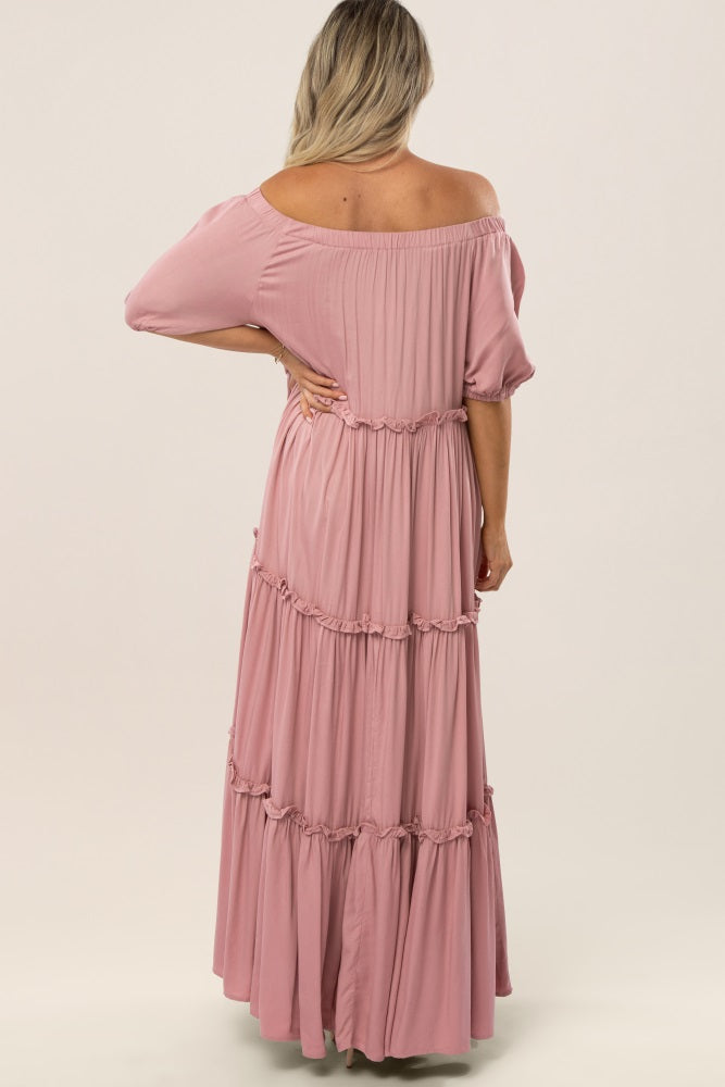 Mauve Off Shoulder Ruffle Tiered Maternity Maxi Dress