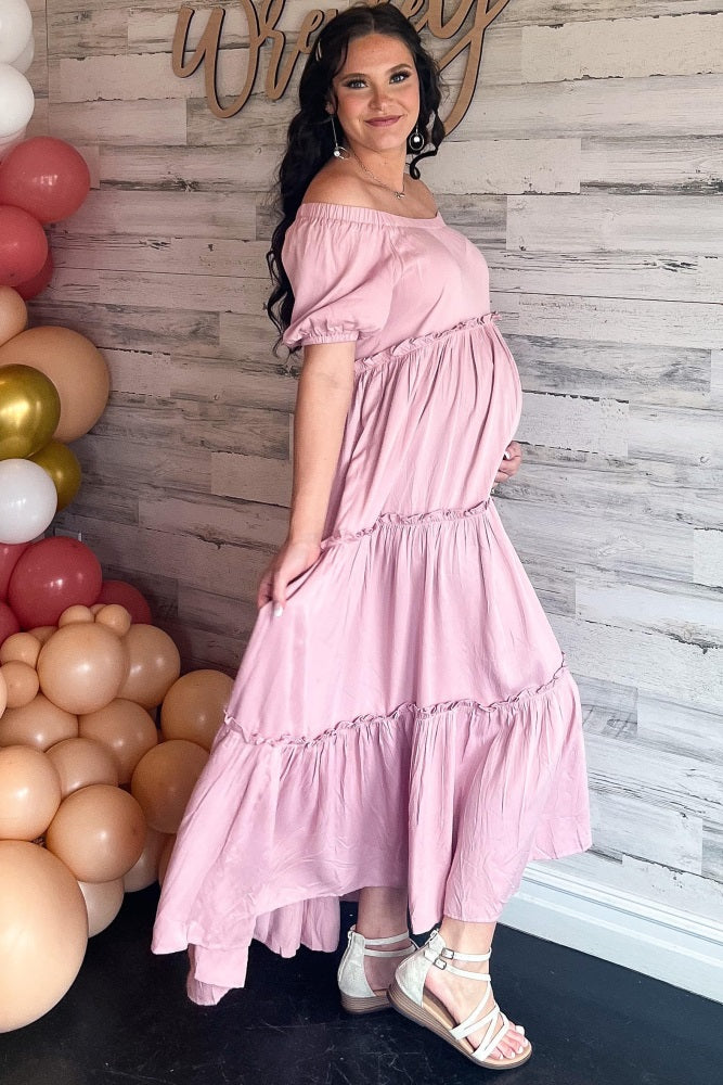 Mauve Off Shoulder Ruffle Tiered Maternity Maxi Dress Medium Mauve Off Shoulder Ruffle Tiered Maternity Maxi Dress Medium