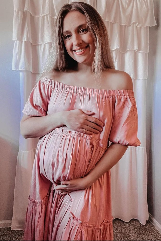 Mauve Off Shoulder Ruffle Tiered Maternity Maxi Dress Medium Mauve Off Shoulder Ruffle Tiered Maternity Maxi Dress Medium
