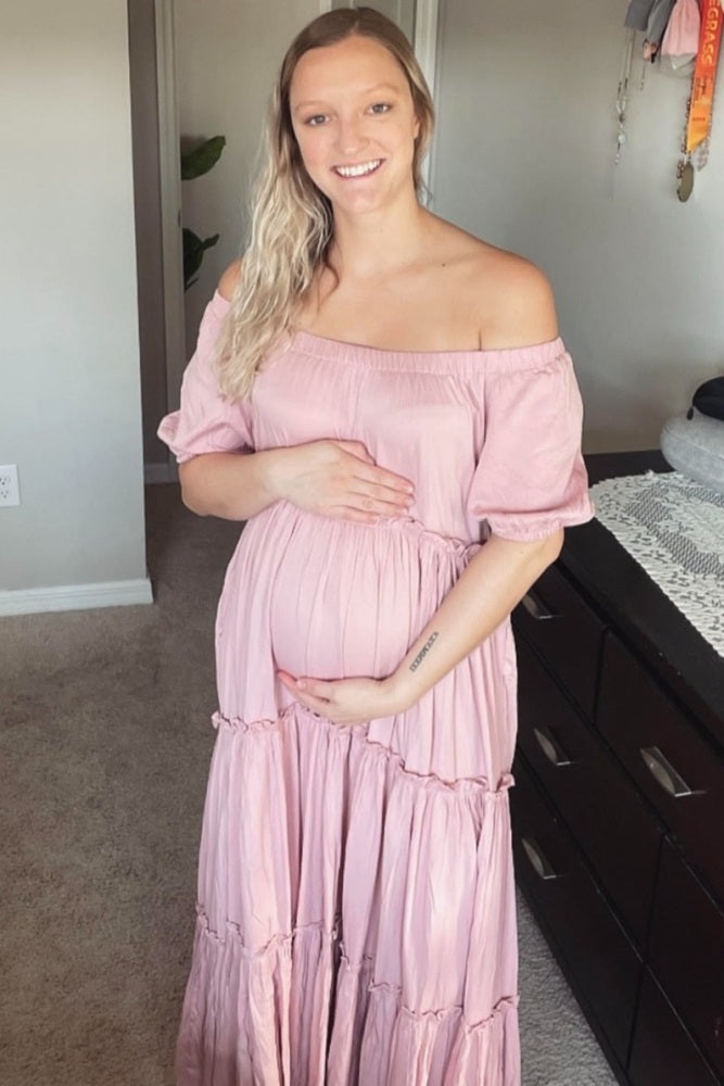 Mauve Off Shoulder Ruffle Tiered Maternity Maxi Dress