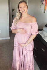 Mauve Off Shoulder Ruffle Tiered Maternity Maxi Dress