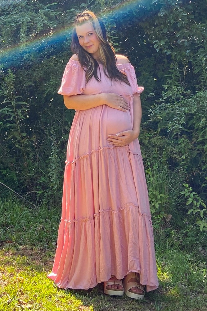 Mauve Off Shoulder Ruffle Tiered Maternity Maxi Dress Medium Mauve Off Shoulder Ruffle Tiered Maternity Maxi Dress Medium