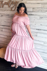 Mauve Off Shoulder Ruffle Tiered Maternity Maxi Dress
