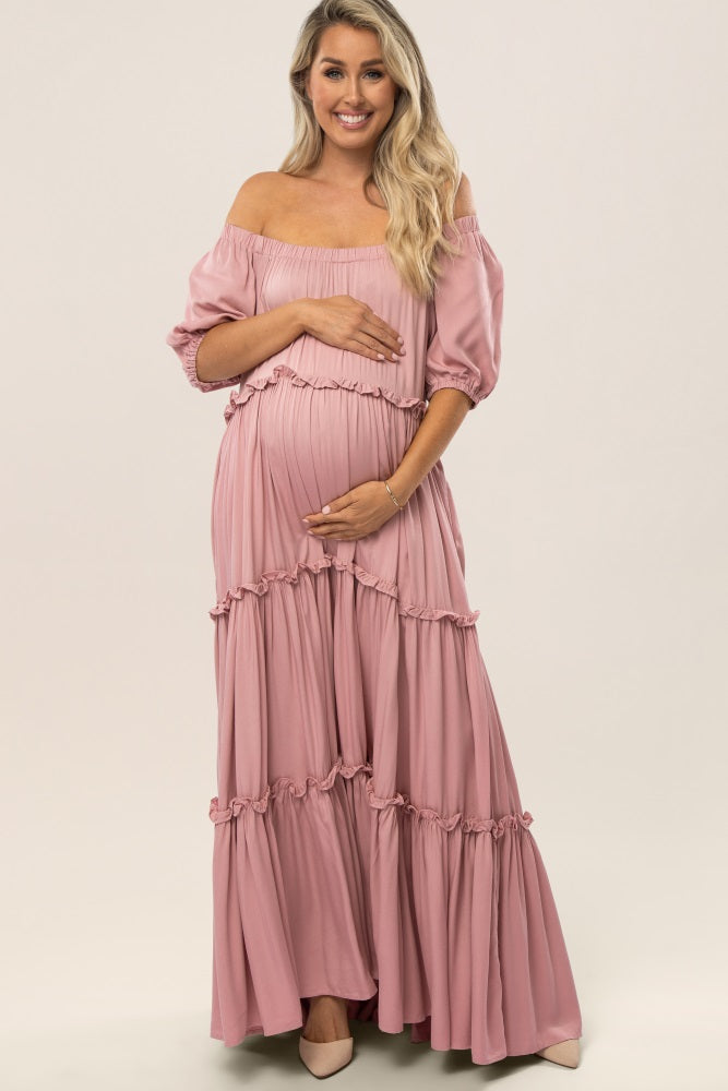 Mauve Off Shoulder Ruffle Tiered Maternity Maxi Dress Medium Mauve Off Shoulder Ruffle Tiered Maternity Maxi Dress Medium