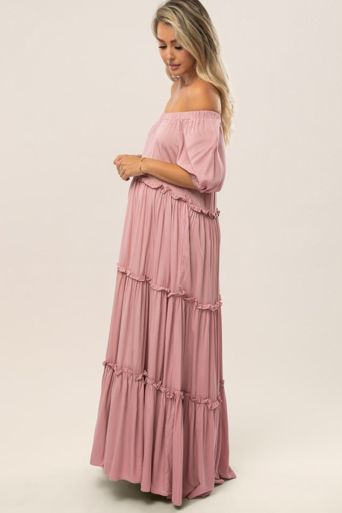 Mauve Off Shoulder Ruffle Tiered Maternity Maxi Dress Medium Mauve Off Shoulder Ruffle Tiered Maternity Maxi Dress Medium
