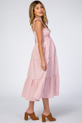 Pink Checkered Tiered Maternity Midi Dress
