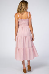 Pink Checkered Tiered Maternity Midi Dress