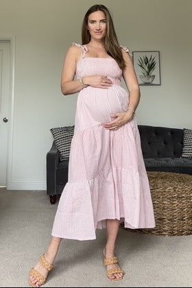 Pink Checkered Tiered Maternity Midi Dress