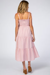 Pink Checkered Tiered Maternity Midi Dress