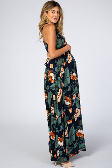 Navy Blue Palm Print Cross Back Maternity Maxi Dress
