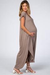 Taupe Side Slit Maternity Maxi Dress