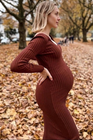 Mocha V-Neck Long Sleeve Fitted Maternity Maxi Dress