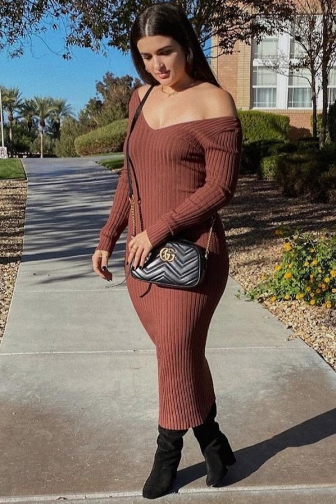 Mocha V-Neck Long Sleeve Fitted Maxi Dress