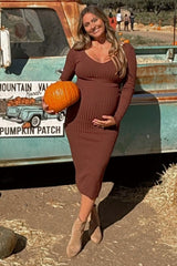 Mocha V-Neck Long Sleeve Fitted Maternity Maxi Dress