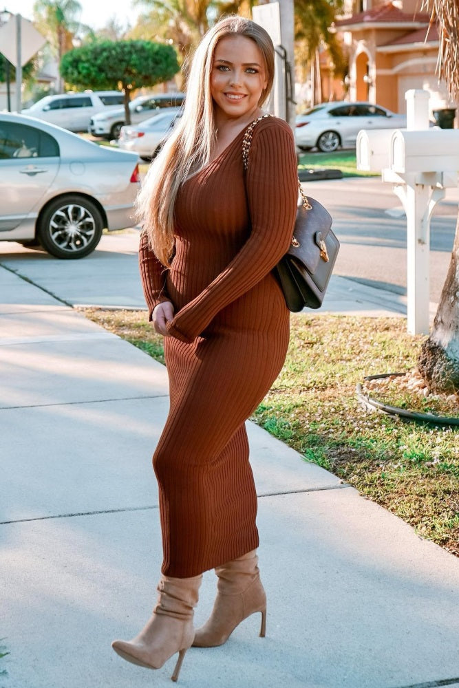 Mocha V-Neck Long Sleeve Fitted Maxi Dress