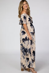 Taupe Navy Floral Off Shoulder Maternity Maxi Dress