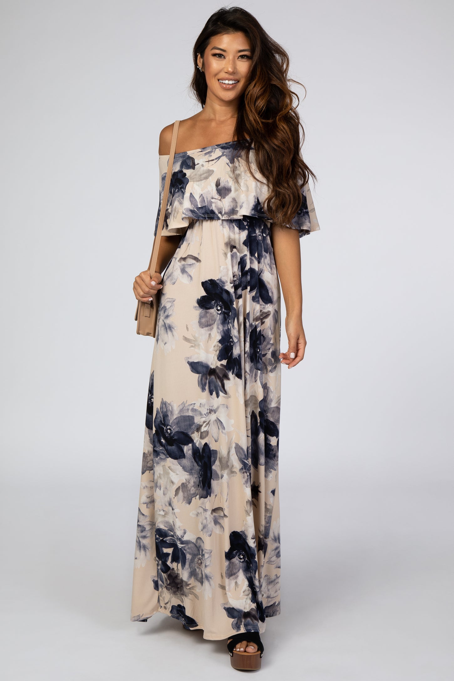 taupe off the shoulder maxi dress Lucy Long Dress Taupe (Double Chiffon) Ramona LaRue