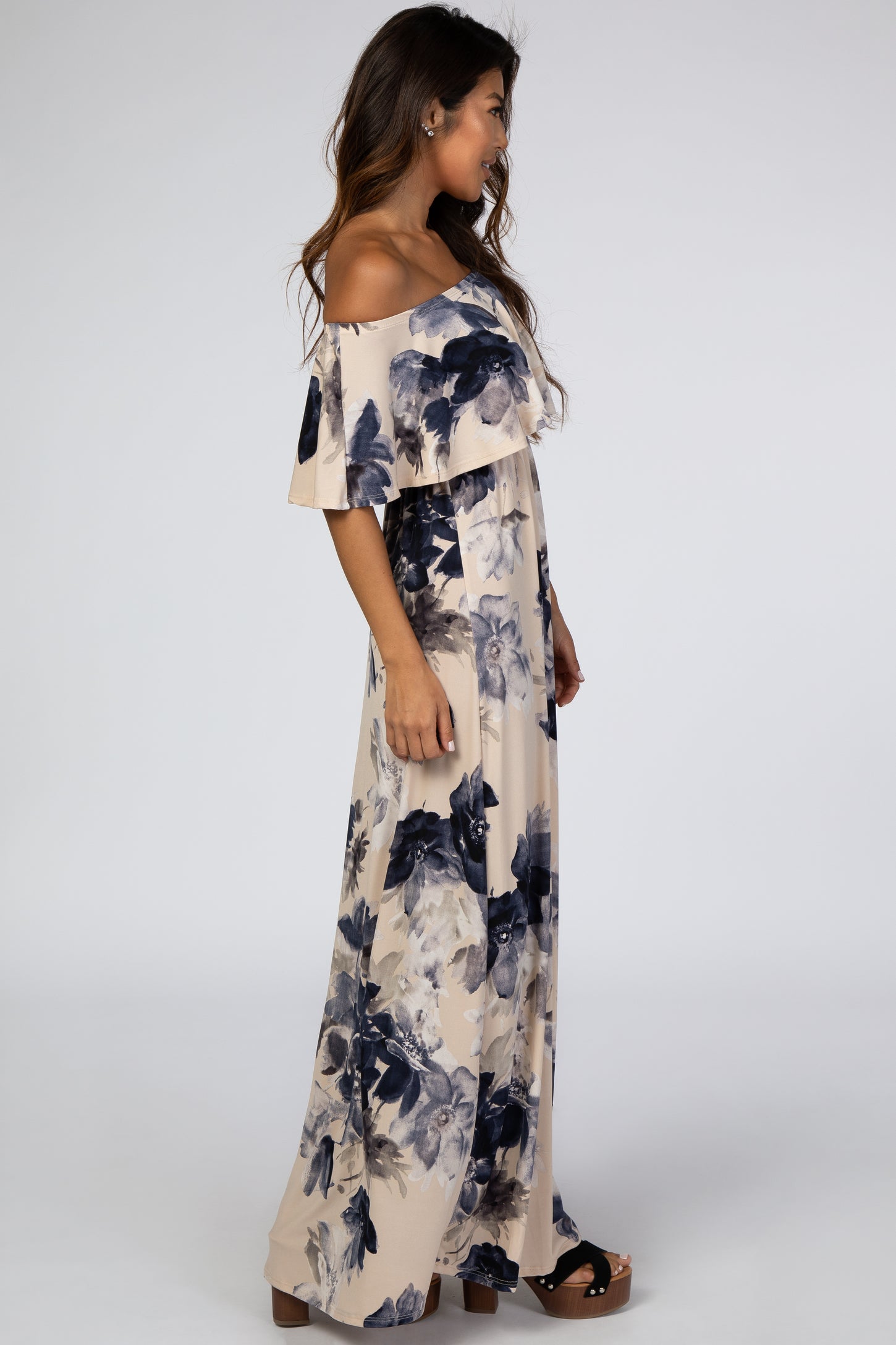 off the shoulder navy floral dress Navy Blue Floral Off Shoulder Dress Blue / L