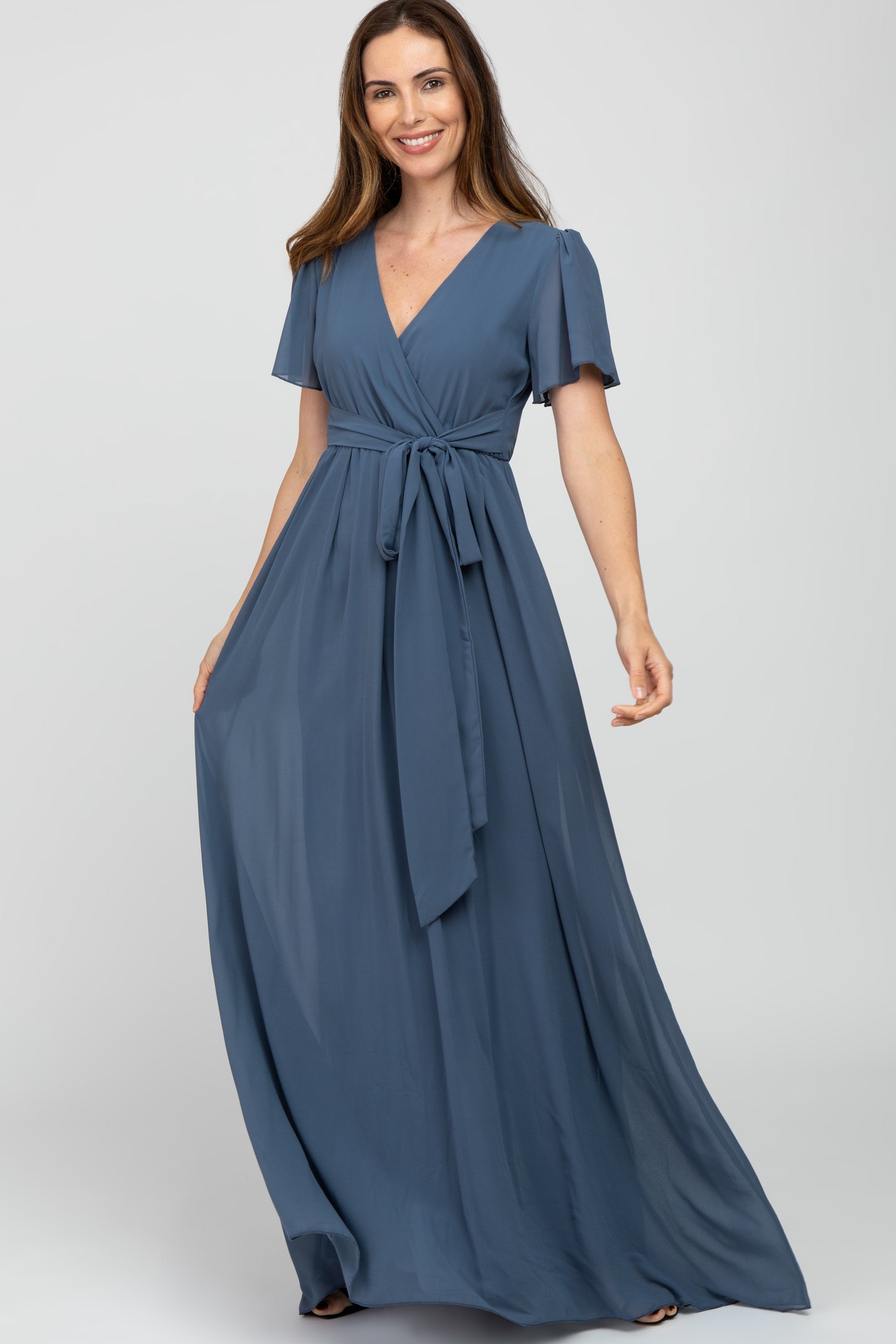 PinkBlush Maternity Blue Chiffon Short Sleeve Maxi Dress