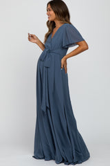 Blue Chiffon Short Sleeve Maternity Maxi Dress