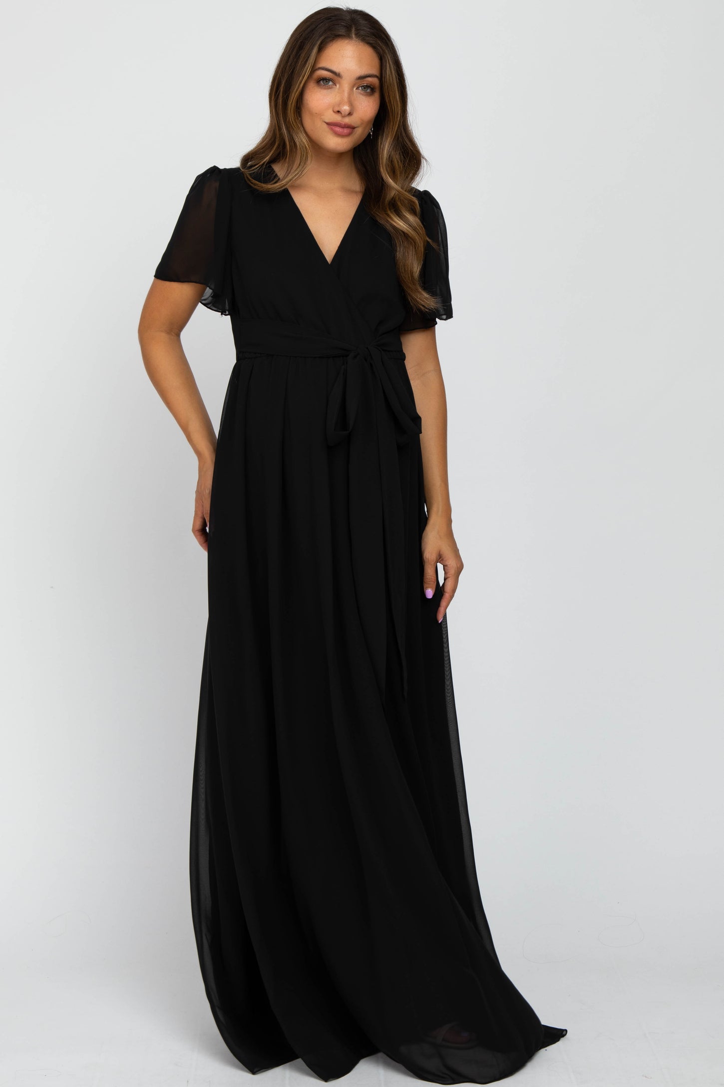 Pinkblush Black Chiffon Short Sleeve Maternity Maxi Dress Large Pinkblush Black Chiffon Short Sleeve Maternity Maxi Dress Large