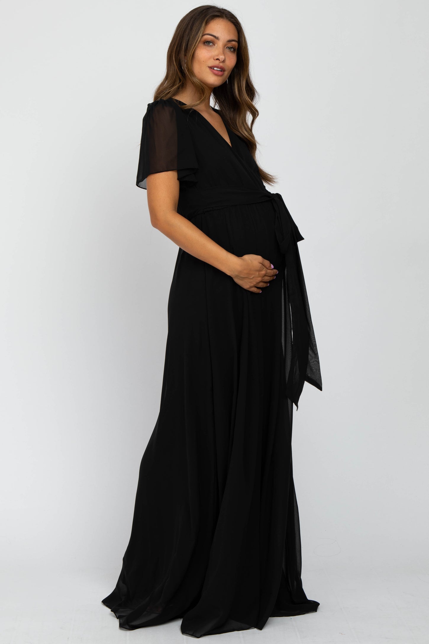Black Chiffon Short Sleeve Maternity Maxi Dress – PinkBlush