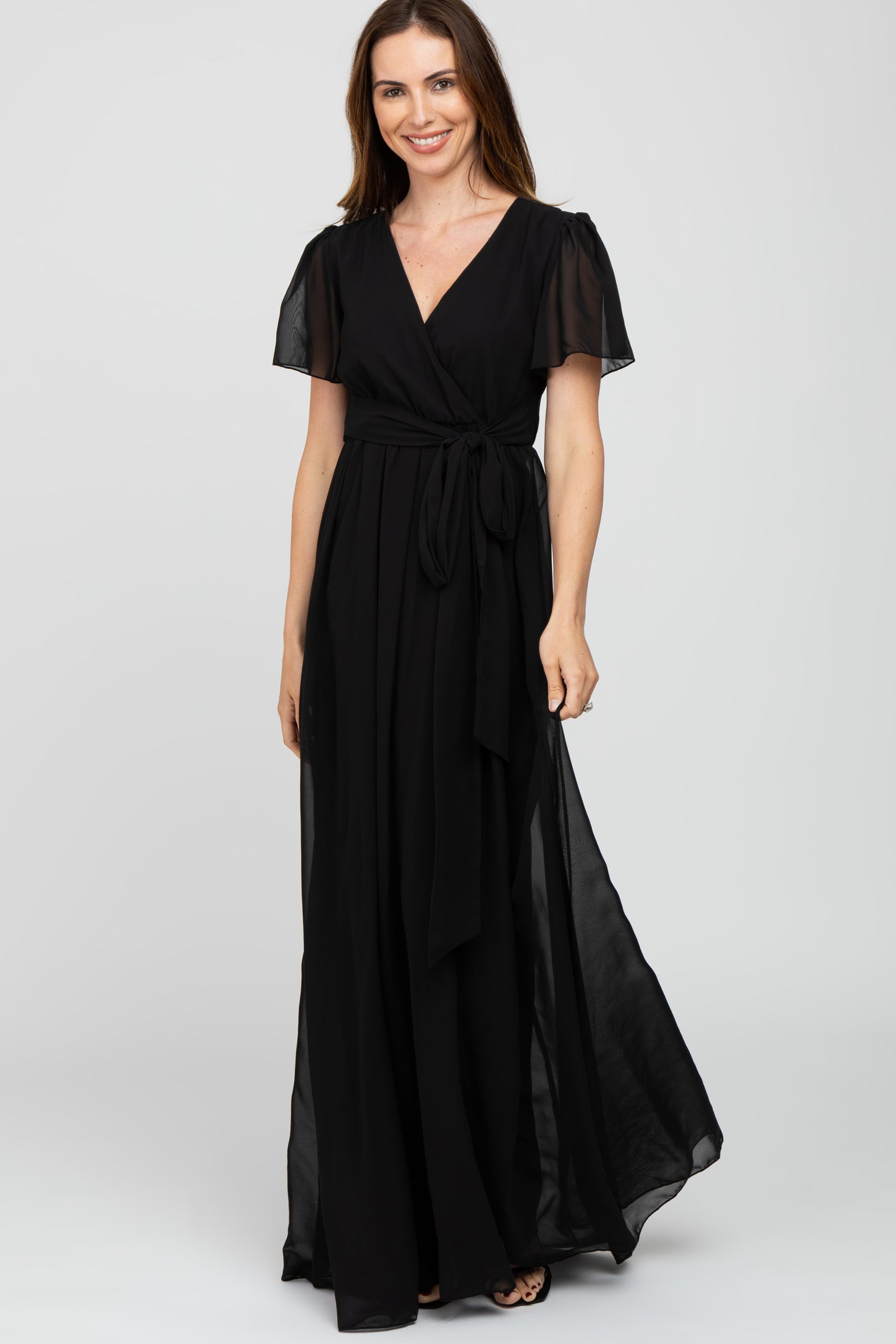 black chiffon dress Black Chiffon Short Sleeve Maternity Maxi Dress – PinkBlush
