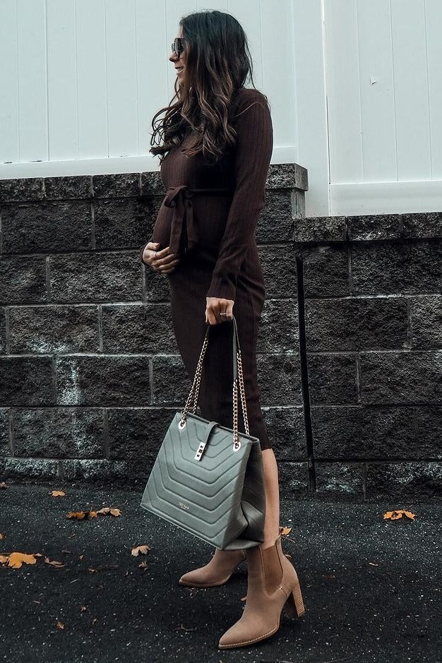 Brown Tie Front Maternity Sweater Midi Dress