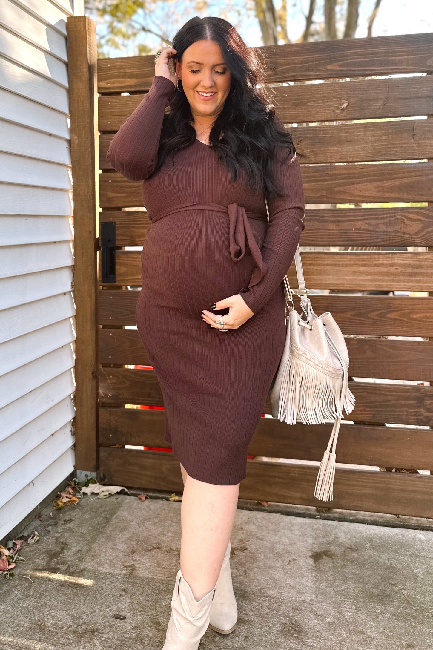 Brown Tie Front Maternity Sweater Midi Dress PinkBlush Brown Tie Front Maternity Sweater Midi Dress PinkBlush