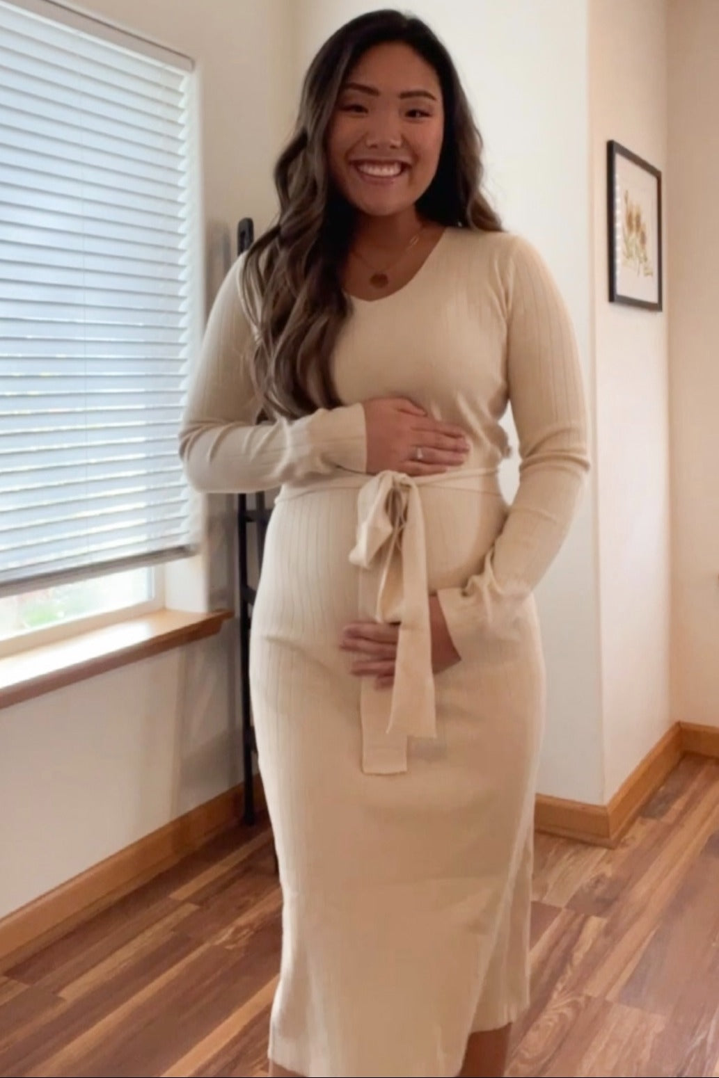 Pinkblush Beige Tie Front Maternity Sweater Midi Dress Beige Large Pinkblush Beige Tie Front Maternity Sweater Midi Dress Beige Large