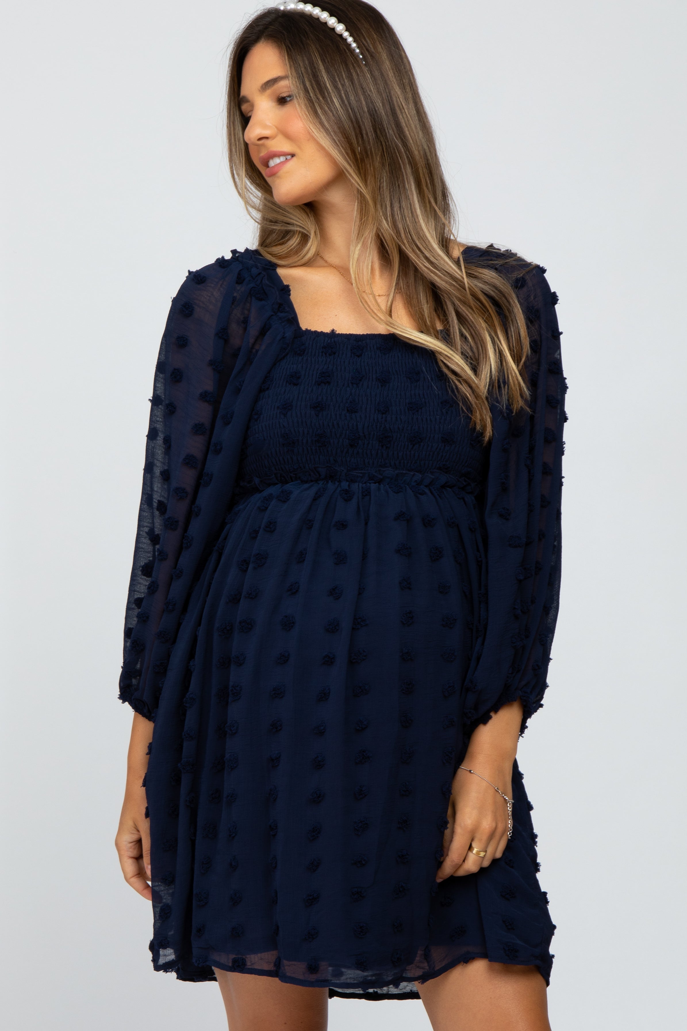 Navy Textured Dot Smocked Square Neck Chiffon Maternity Dress Large