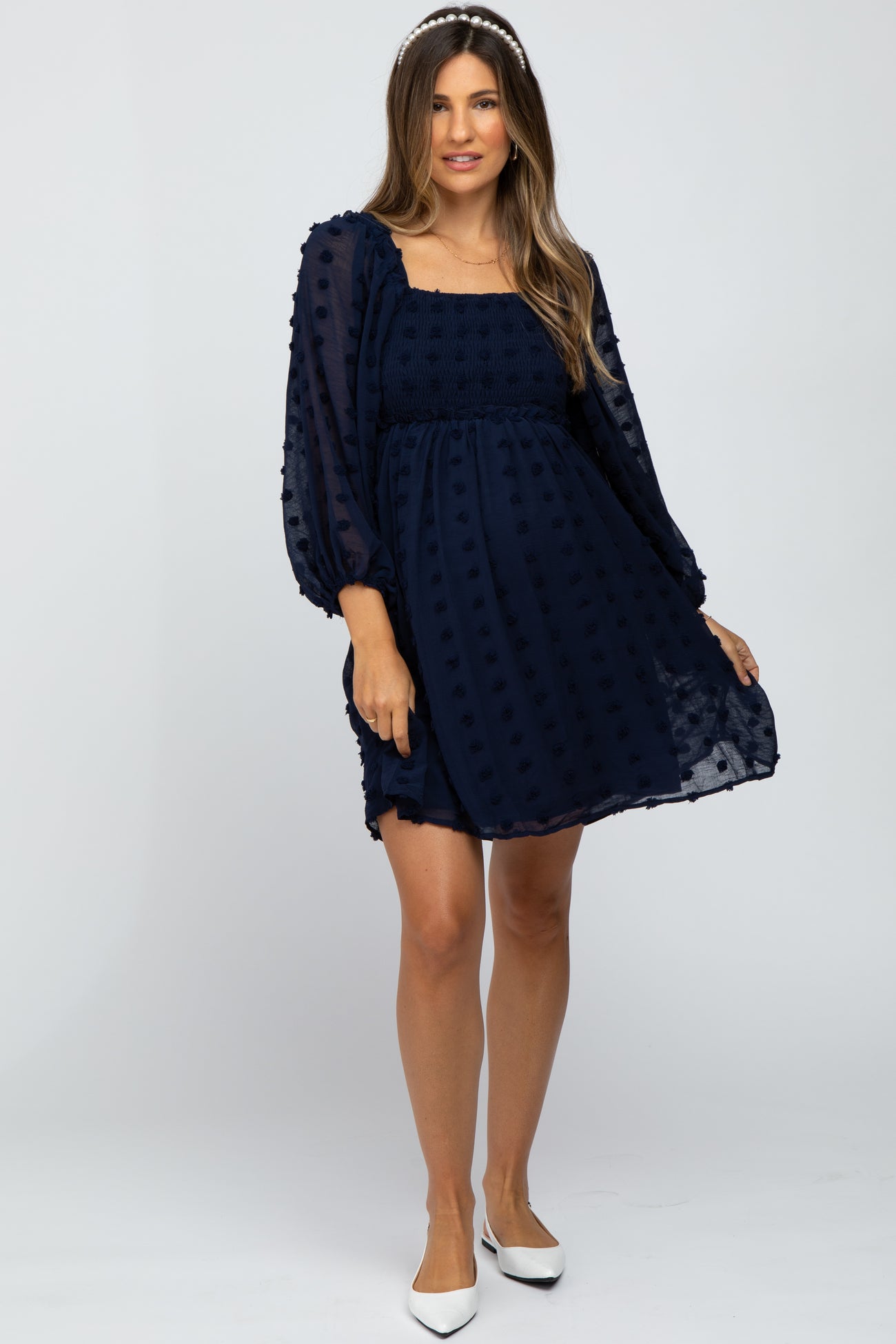 Navy Textured Dot Smocked Square Neck Chiffon Maternity Dress Medium