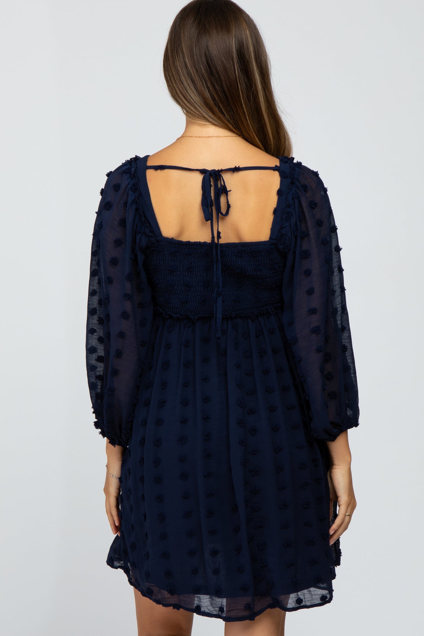 Navy Textured Dot Smocked Square Neck Chiffon Maternity Dress