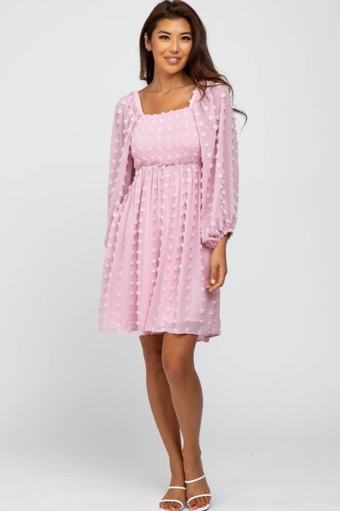 Pinkblush Pink Textured Dot Smocked Square Neck Chiffon Maternity Dress Large Pinkblush Pink Textured Dot Smocked Square Neck Chiffon Maternity Dress Large