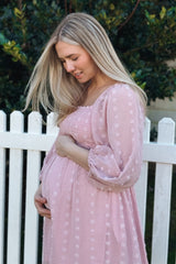 Pink Textured Dot Smocked Square Neck Chiffon Maternity Dress