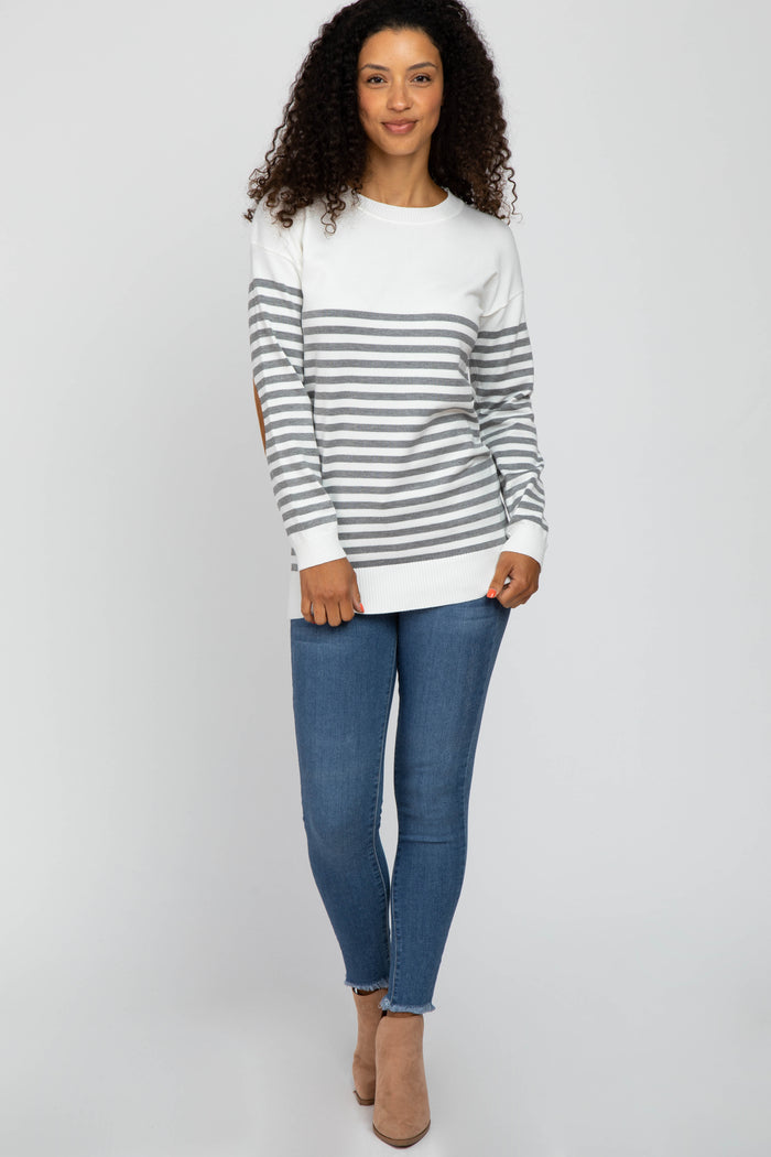 Heather Grey Striped Elbow Patch Knit Sweater