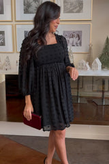 Black Textured Dot Smocked Square Neck Chiffon Dress